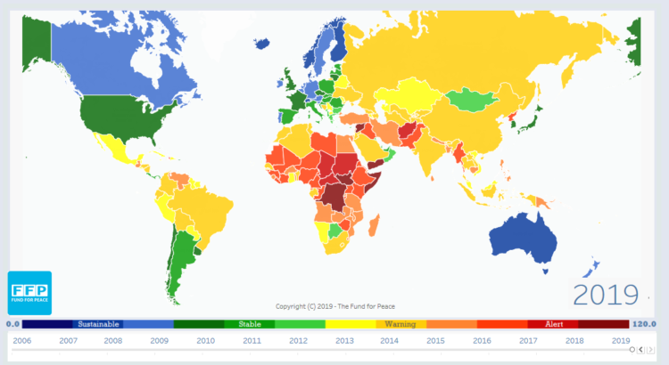 Carte des pays fragiles selon The Fund for Peace