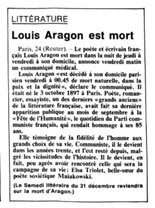 Capture d'écran de l'archive du Journal de Genève sur la mort du poète Louis Aragon