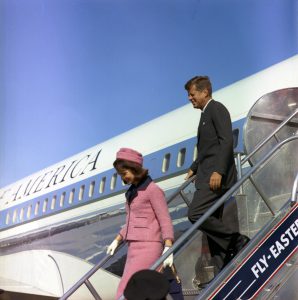 (FILES) File photo dated November 22, 1963 courtesy the John F. Kennedy Presidential Library and Museum, Boston, shows President John F. Kennedy and First Lady Jacqueline Kennedy descending the stairs from Air Force One at Love Field in Dallas, Texas. AFP HAND OUT Cecil Stoughton-White House Photographs/John F. Kennedy Presidential Library and Museum-Hand Out == RESTRICTED TO EDITORIAL USE / MANDATORY CREDIT: "AFP HAND OUT Cecil Stoughton-WHITE HOUSE PHOTOGRAPHS/JOHN F. KENNEDY PRESIDENTIAL LIBRARY AND MUSEUM" / RESTRICTED TO SUBSCRIPTION USES / NO A LA CARTE SALES / DISTRIBUTED AS A SERVICE TO CLIENTS== / AFP PHOTO / JFK Presidential Library / CECIL STOUGHTON-WH PHOTOGRAPHS